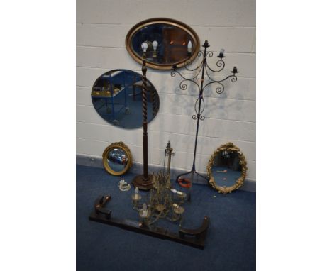 A WROUGHT IRON CONVERTED FIVE BRANCH STANDARD LAMP, an oak barley twist standard lamp, four various  wall mirrors, a five bra