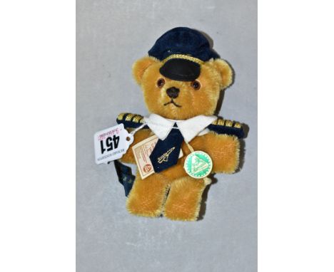 A HERMANN LIMITED EDITION CONCORDE PIN BEAR, golden mohair with suede and leather cap, epaulettes, collar and tie with Concor