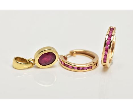 A PAIR OF YELLOW METAL RUBY HOOP EARRINGS AND A YELLOW METAL RUBY PENDANT, the pair of huggie earrings, each designed with a 