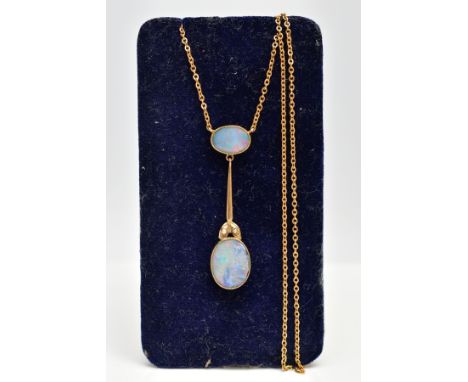 A YELLOW METAL OPAL PENDANT NECKLACE, the pendant designed with an oval cut opal within a milgrain setting, suspending a bar 