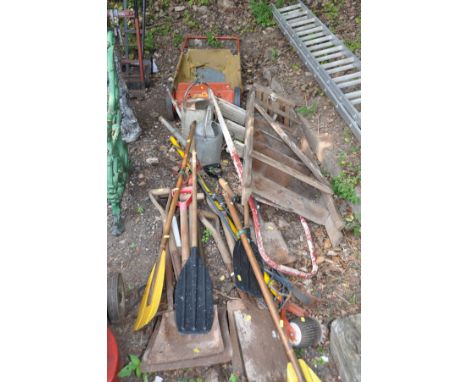 A QUANTITY OF GARDEN TOOLS including a vintage Wolf Tools Super Sweep, a set of wooden step ladders, two galvanised watering 