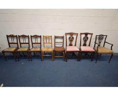 EIGHT VARIOUS PERIOD CHAIRS OF VARIOUS AGES AND MATERIALS, to include an Edwardian elbow chair, two Chippendale style chairs,
