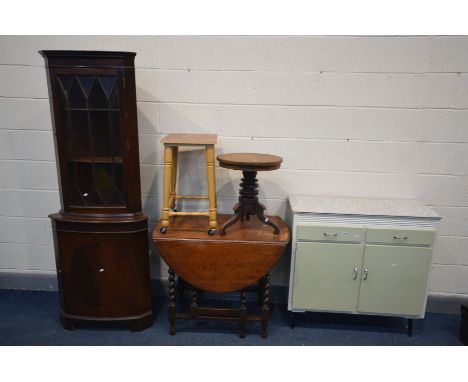 A VINTAGE TWO DOOR KITCHEN CABINET, width 92cm x depth 39cm x height 88cm, along with a Victorian mahogany stool, an oak gate