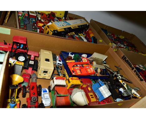 A QUANTITY OF UNBOXED AND ASSORTED PLAYWORN DIECAST VEHICLES, to include Matchbox ERF Tanker, No 11 in yellow and later versi