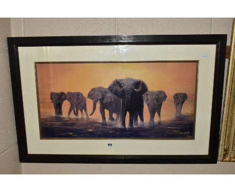 JONATHAN TRUSS (BRITISH 1960) 'THE LAST BIG TUSKER' a limited edition print of a herd of Elephants, 42/225, signed bottom rig