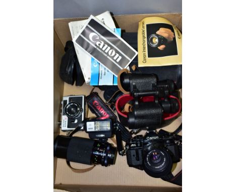 PHOTOGRAPHIC EQUIPMENT ETC, comprising a Canon A1 SLR film camera fitted with a Canon 50mm f1.8 lens, a Vivitar 70-210 zoom l