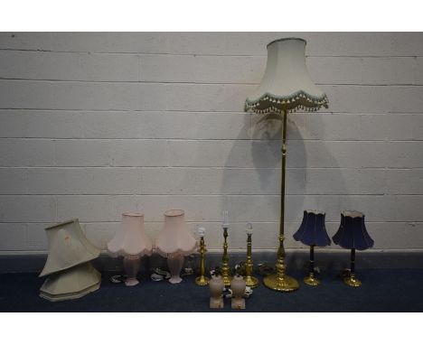 TEN VARIOUS LIGHTS, to include a brass standard lamp, a pair of blue and brass table lamps, three brass table lamps, pair of 