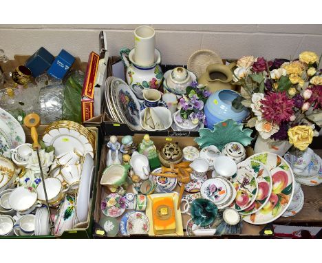 FIVE BOXES AND LOOSE CERAMICS AND GLASSWARE, including a Foley China part tea set, some pieces a.f, assorted kitchen dinnerwa