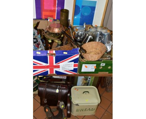 TWO BOXES AND LOOSE METALWARES, SPORTS EQUIPMENT, PRINTS, etc including eight pieces of Picquot Ware and a tray, a brass cann