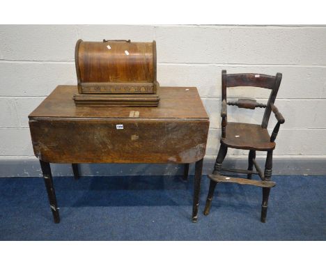 A GEORGIAN OAK PEMBROOKE TABLE, along with a Georgian oak child's high chair and a vintage sewing machine (Sd) (3)