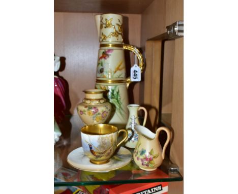 A SMALL GROUP OF ROYAL WORCESTER PORCELAIN, comprising a badly damaged James Stinton small cabinet cup and saucer, the cup pa