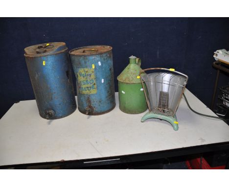 TWO VINTAGE PARAFFIN DRUMS one with complete tap , the other not, a vintage paraffin can with tapered neck and a paraffin hea
