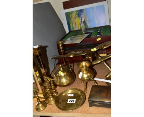 METALWARES AND GAMES BOX to include two brass eagles perched on branches, tallest approximate 24cm, chrome and brass candlest
