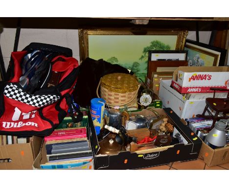 NINE BOXES AND LOOSE METALWARES, BOOKS, DVDS, CDS, LPs, ETC, INCLUDING Viners stainless steel cutlery, Picquot Ware, a ladies