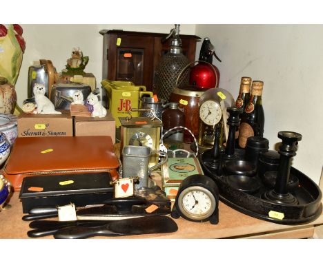 LOOSE SUNDRY ITEMS, ETC, to include an oak smokers cabinet, ebony dressing table set, vintage soda syphons, Picquot ware tea 