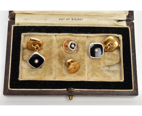 A CASED SET OF EARLY 20TH CENTURY 18CT GOLD AND PLATINUM MOUNTED ONYX AND SPLIT PEARL CUFFLINKS AND STUDS, the cufflinks of s