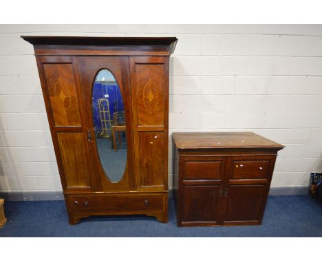 AN EDWARDIAN MAHOGANY AND INLAID SINGLE DOOR WARDROBE, above a single drawer, width 128cm x depth 50cm x height 200cm and a G