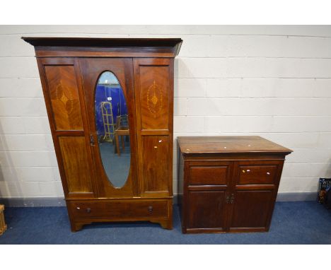 AN EDWARDIAN MAHOGANY AND INLAID SINGLE DOOR WARDROBE, above a single drawer, width 128cm x depth 50cm x height 200cm and a G