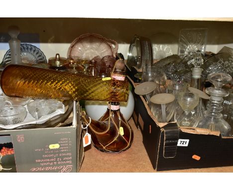 FOUR BOXES AND LOOSE ASSORTED GLASSWARES, to include American glass tea cups, saucers and tray, circa 1940's, ring collar dec