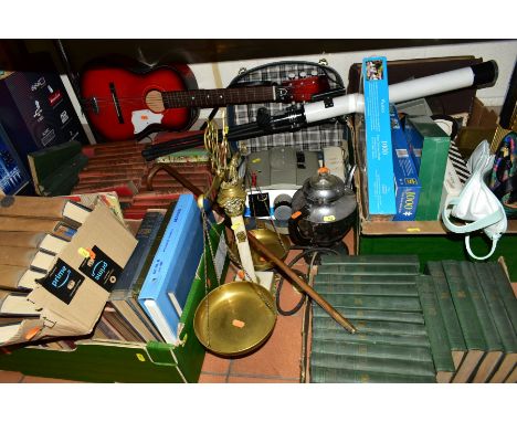 FOUR BOXES AND LOOSE BOOKS, MISCELLANEOUS ETC, to include a Greek set of balance scales, an oil on board signed H.Graham (?),