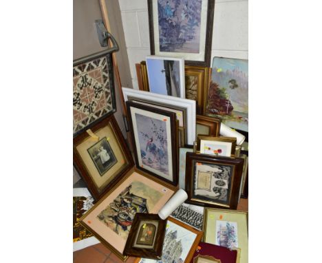 PAINTINGS AND PRINTS to include oils and watercolours etc, indistinctly signed watercolours comprise a boatyard and a street 