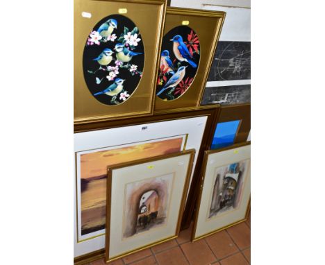 20TH CENTURY PAINTINGS AND PRINTS comprising a monochrome study influenced by Wassily Kandinsky, indistinctly signed and date