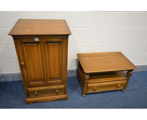 AN ERCOL GOLDEN DAWN HI FI CABINET, with a single drawer, width 56cm x depth 49cm x height 97cm and a tv stand with a single 