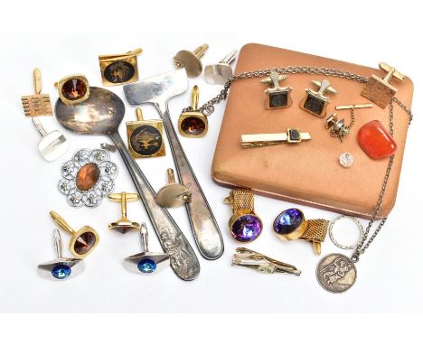 A BOX OF ASSORTED ITEMS, to include a quantity of costume cufflinks, such as a cased four piece 'Stratton' set comprising a p