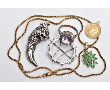 A SELECTION OF JEWELLERY, to include a silver gilt gem set pendant necklace, the pendant of an oval form set with a central m