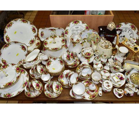 ROYAL ALBERT 'OLD COUNTRY ROSES' DINNER/TEA WARES, NOVELTY TEAPOTS AND TRINKETS, comprising two two tiered cake stands (both 