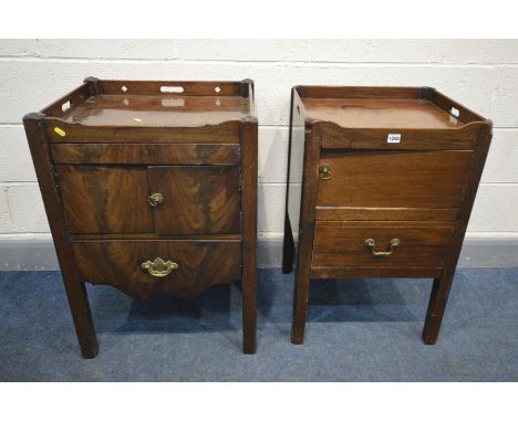 A GEORGIAN MAHOGANY TRAY TOP COMMODE, with single door and two drawers, width 56cm x depth 48cm x height 80cm (crack to left 