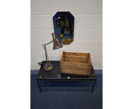 A BLACK METAL COFFEE TABLE, angle poise style desk lamp, wooden fruit crate and a canted bevel edged wall mirror (4)