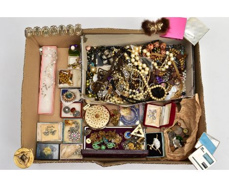 A BOX OF MOSTLY COSTUME JEWELLERY, to include various brooches such as white metal marcasite flowers, earrings, necklaces, pi