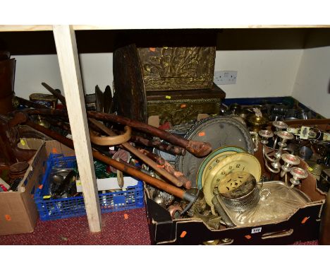 ASSORTED METALWARES AND SUNDRY ITEMS, ETC, to include brass and copper coal scuttles and log bins, pewter and plated tankards