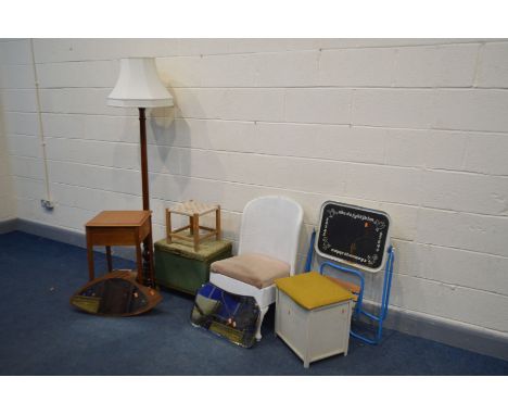 A QUANTITY OF OCCASSIONAL FURNITURE to include a wicker bedroom chair, wicker linen box, another storage box, two wall mirror