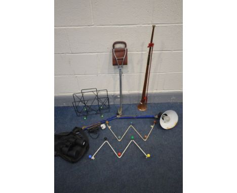 TWO RETRO ATOMIC/SPUTNIK COAT HOOKS AND A MAGAZINE RACK, angle poise style desk lamp, pair of non-branded binoculars, shootin