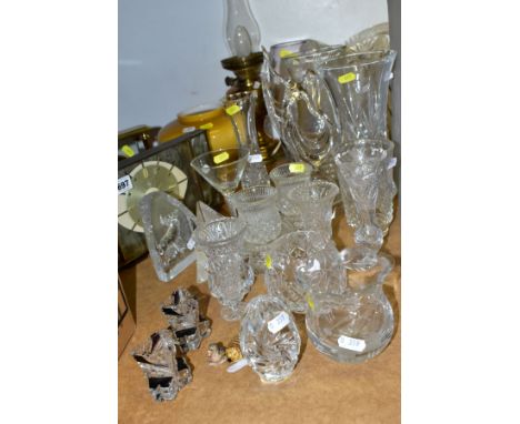 A GROUP OF CUT AND PRESSED GLASS, ETC, including two Wade Whimsies, approximate twelve vases, three paperweights, a brass bas