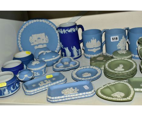 A QUANTITY OF WEDGWOOD JASPERWARE, in dark blue, light blue and green, including an 'Olympiad XXI' mug, two London Christmas 
