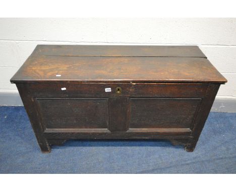 A GEORGIAN OAK DOUBLE PANEL COFFER, width 114cm x depth 47cm x height 63cm (condition-historical crack to lid)