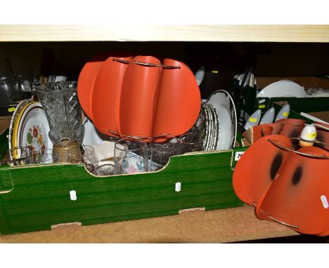 TWO BOXES AND LOOSE CERAMICS, GLASS, etc, including two retro red plastic light shades, one with heat damage, a Rolykit plast