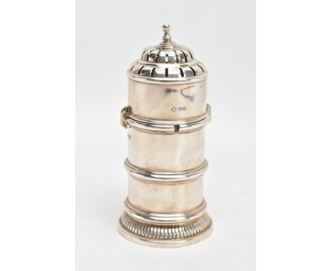 A GEORGE V SILVER SUGAR CASTER, plain polished lighthouse shape caster, ball finial detail with a pierced pull off cover, emb