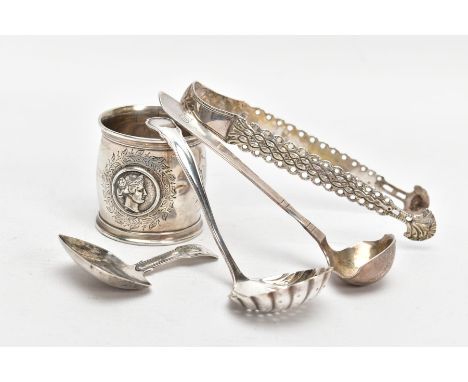 A SELECTION OF SILVER AND UNMARKED PIECES, to include a Georgian fiddle pattern caddy spoon, engraved initials to the handle,