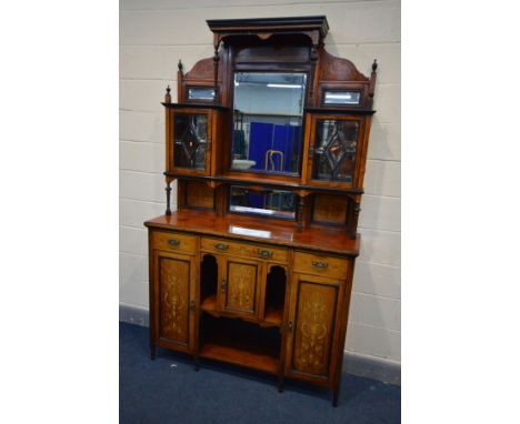AN EDWARDIAN ROSEWOOD AND MARQUETRY INLAID DISPLAY CABINET, comprising of an arrangement of mirrors, shelves, two astragal gl