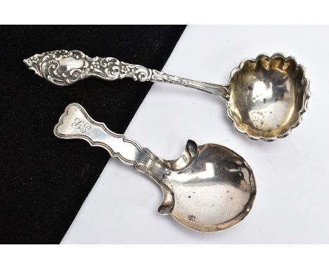A GEORGE III SILVER CADDY SPOON AND ONE OTHER, the caddy spoon designed with a wavy edge stem, engraved initials to the handl