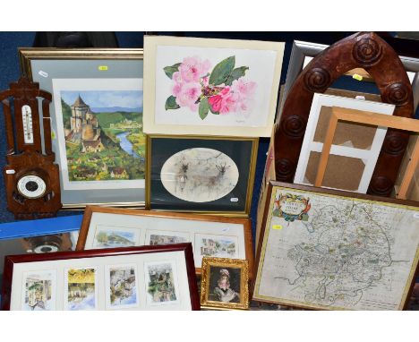 A BOX OF LOOSE PRINTS, MIRROR, LATE VICTORIAN BAROMETER IN AN OAK FRAME, ETC, including a limited edition Toni Goffe 'The Mor