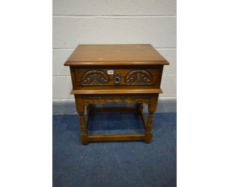 AN OLD CHARM OAK SINGLE DRAWER LAMP TABLE, width 57cm x depth 43cm x height 66cm