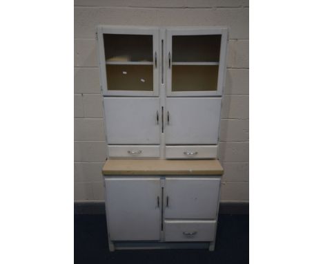 A VINTAGE PAINTED KITCHEN CABINET with an arrangement of cupboards and three drawers, width 94cm x depth 50cm x height 180cm