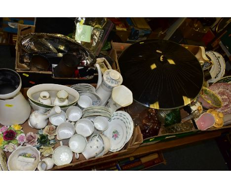 FOUR BOXES OF CERAMICS, GLASSWARE, SILVER AND METALWARE, including a small quantity of Susie Cooper 'Fragrance' pattern teawa