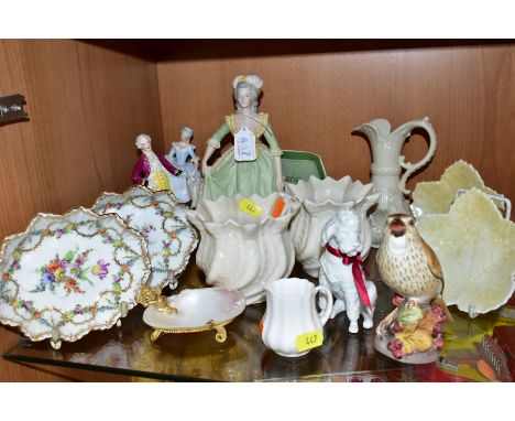 A SMALL GROUP OF ORNAMENTS, to include a Franklin porcelain figure 'Marie Antoinette' with Certificate, a pair of Dresden flo