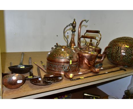 A QUANTITY OF 19TH AND 20TH CENTURY COPPER AND IRON ITEMS, including two Victorian copper kettles, a Middle Eastern copper ha